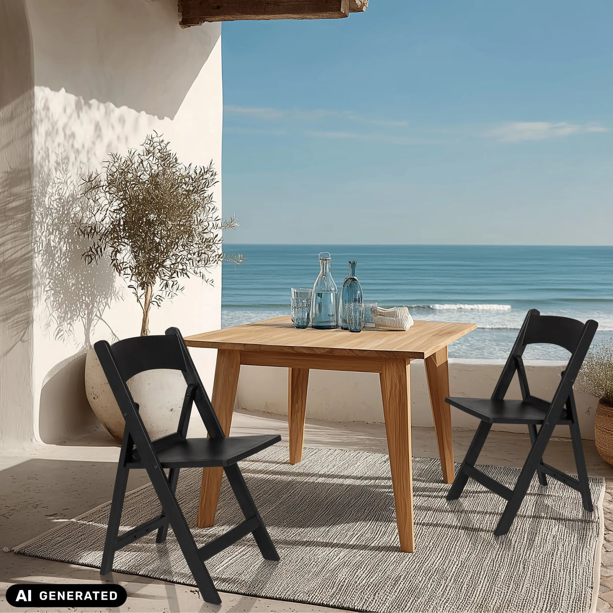 Due sedie da esterno TRAVANO 1 nere a un tavolo in legno su una terrazza di hjh LIVING (immagine generata dall’IA)