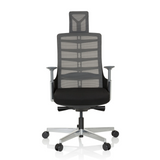 High-end Sedia da ufficio SKARIF nero-grigia con schienale in rete e base a cinque ruote di hjh OFFICE – vista a 360° (vista frontale 0°)