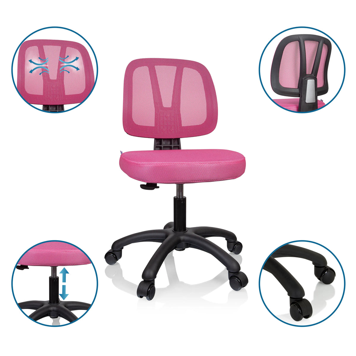 Sedia girevole per bambini KID YU 200 rosa con schienale in rete, seduta regolabile in altezza e rotelle di hjh OFFICE