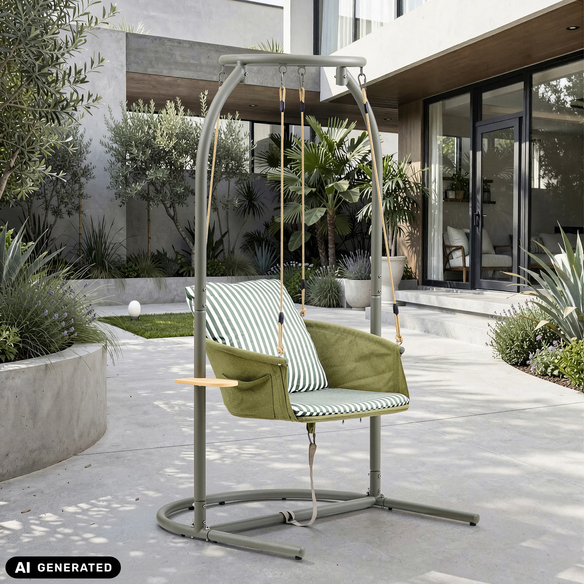 Sedia sospesa Skylo in verde e beige con imbottitura a righe e struttura in metallo di hjh LIVING (immagine generata dall’IA)