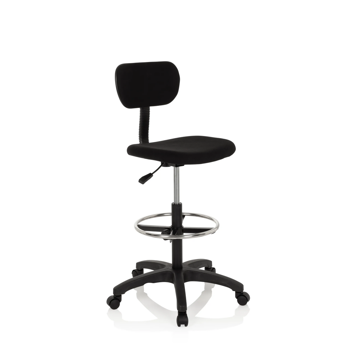 Sedia da banco TOP WORK 05 nera con poggiapiedi e base a cinque ruote di hjh OFFICE – vista a 360° (vista frontale a tre quarti 40°)
