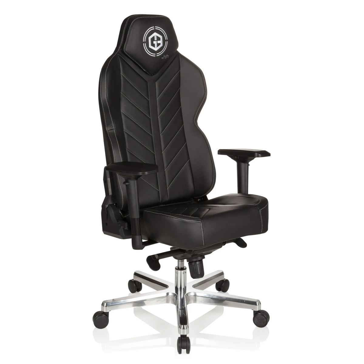 Sedia da gaming GAMEBREAKER COLOSSUS nera con braccioli e base lucida a cinque ruote di hjh OFFICE – vista a 360° (vista frontale a tre quarti 40°)