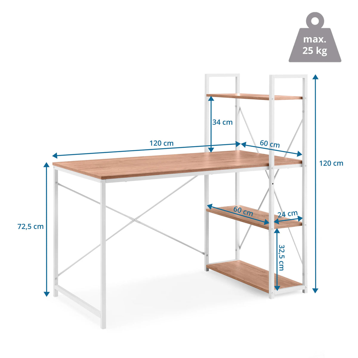 Disegno tecnico della scrivania Easy Up3 con dimensioni 120 × 60 cm e un'altezza totale di 120 cm di hjh LIVING