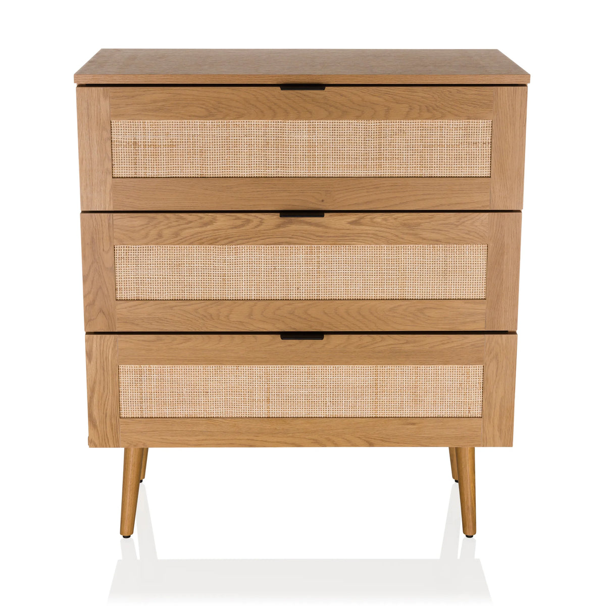 Cassettiera BOHEO K color rovere con tre cassetti in paglia di Vienna e quattro gambe di hjh LIVING – vista a 360° (vista frontale 0°)