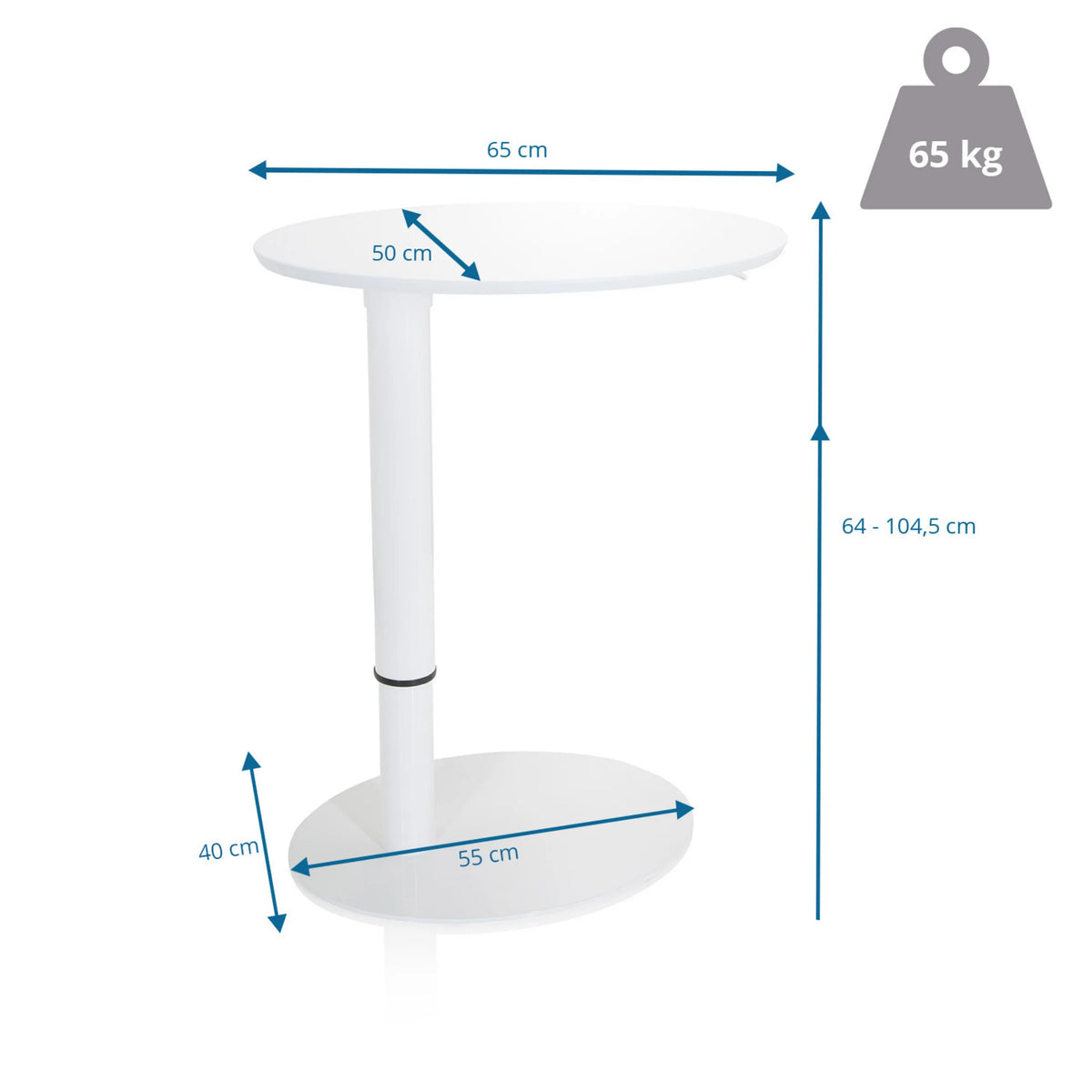 Disegno dimensionale della Scrivania in piedi STAND III con un'altezza da 64 a 104,5 cm di hjh OFFICE