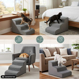 Scaletta per animali domestici PAWY STEP 3 grigia in diverse situazioni d'uso di hjh LIVING (immagine generata dall’IA)