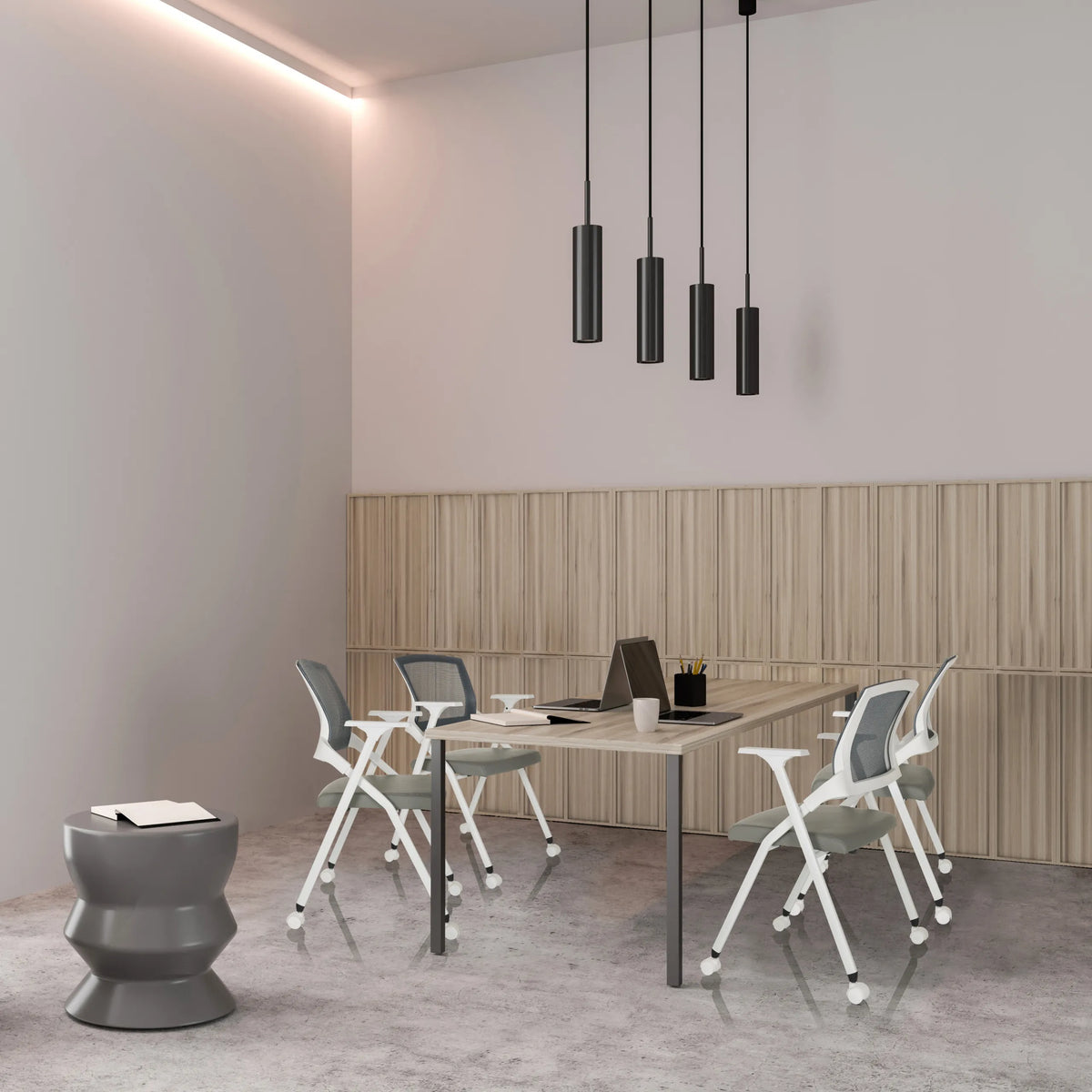 Sedie pieghevoli PRIORITY II W PU grigie a un tavolo da riunione in una stanza dal design moderno di hjh OFFICE