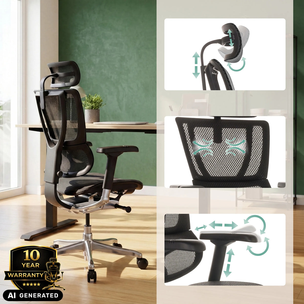 Poltrona di lusso ERGOHUMAN SLIM GEN2 con poggiatesta e braccioli regolabili di hjh OFFICE (immagine generata dall’IA)