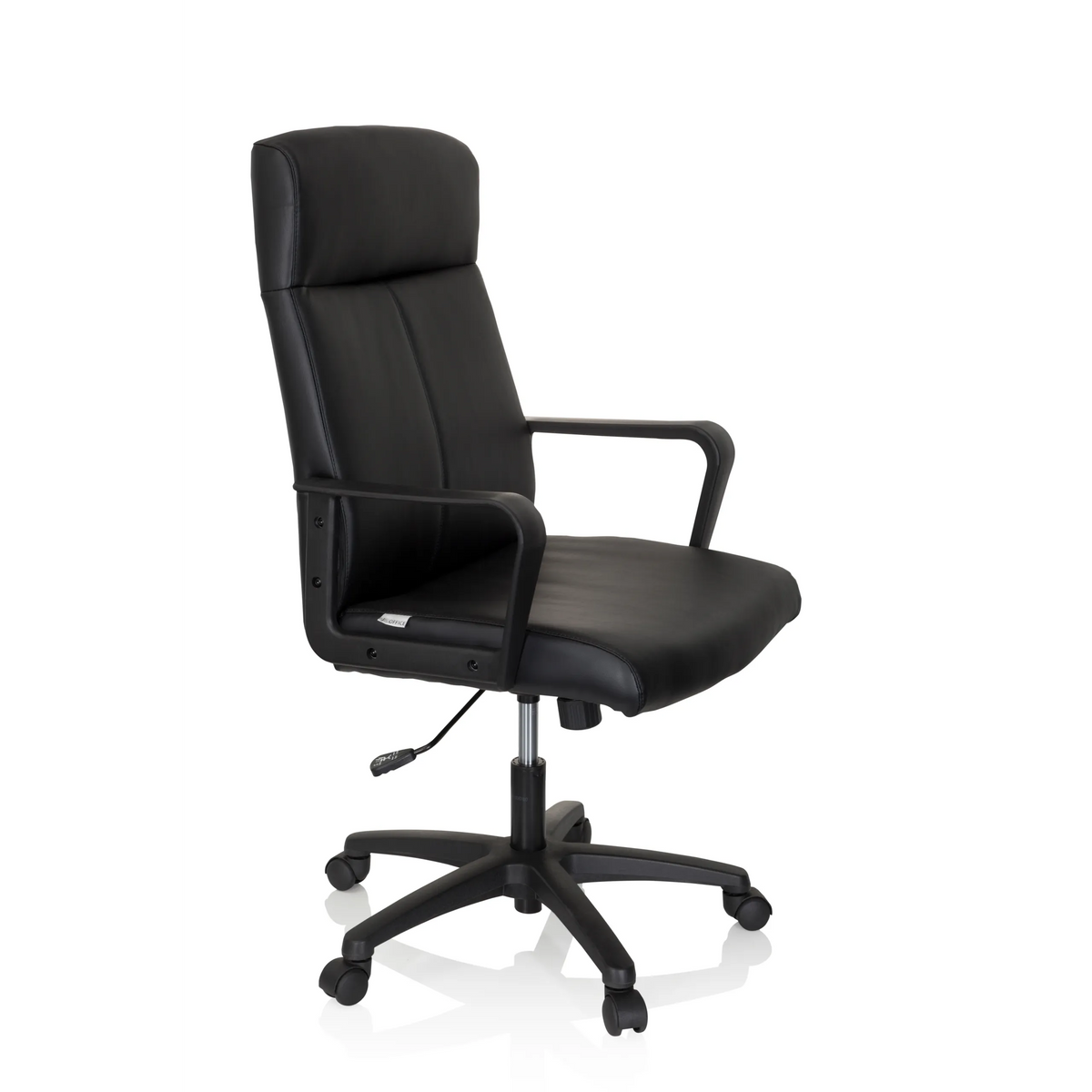 Poltrona professionale LISSO nera con braccioli e base a cinque ruote di hjh OFFICE – vista a 360° (vista frontale a tre quarti 60°)