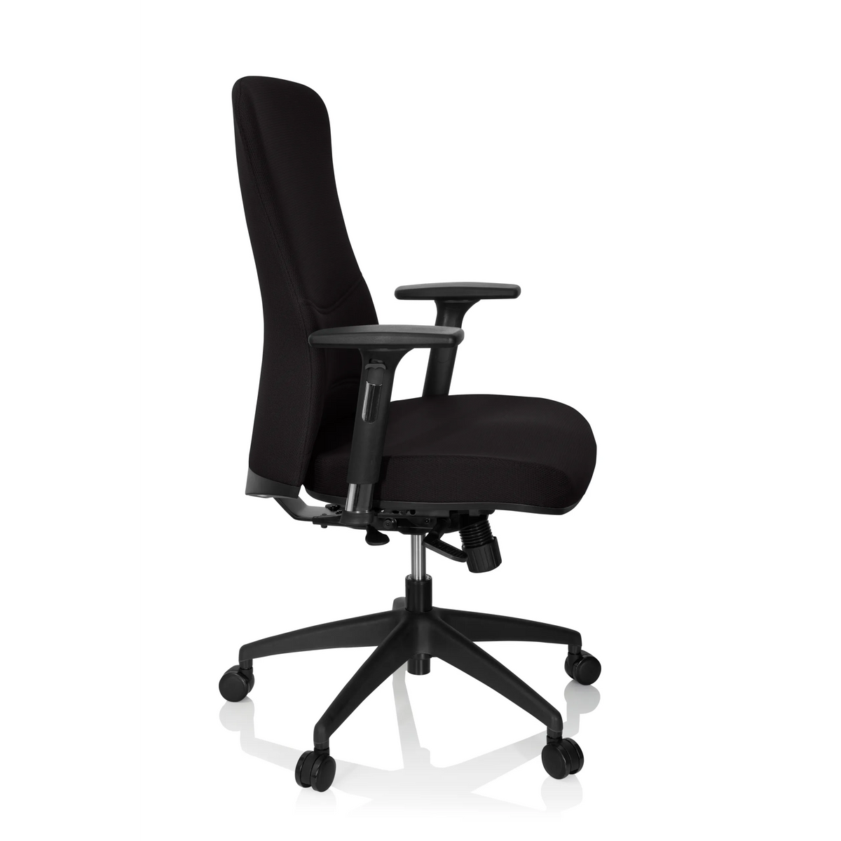 Sedia da ufficio professionale OFFICE XT PRO nera con braccioli e base a cinque ruote di hjh OFFICE – vista a 360° (profilo laterale 80°)