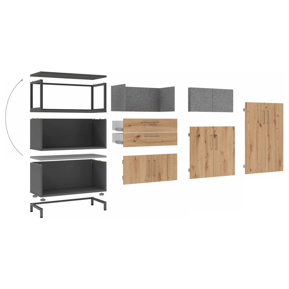 Componenti singoli di un mobile base FlexWall con due cassetti in rovere rustico e struttura grigia di hjh OFFICE PRO