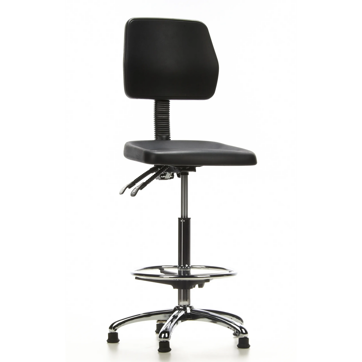 Sedia da banco TOP WORK 11 nera con poggiapiedi e base a cinque razze di hjh OFFICE – vista a 360° (vista frontale 20°)