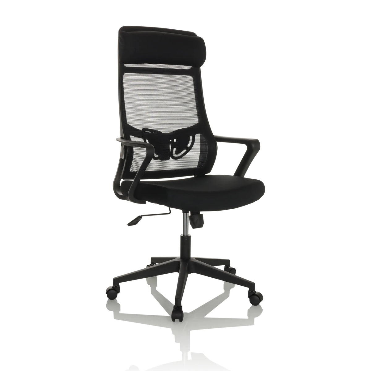 Sedia Home Office NEKEO nera con schienale in rete e base a cinque ruote di hjh OFFICE – vista a 360° (vista frontale a tre quarti 30°)
