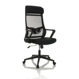 Sedia Home Office NEKEO nera con schienale in rete e base a cinque ruote di hjh OFFICE – vista a 360° (vista frontale a tre quarti 30°)