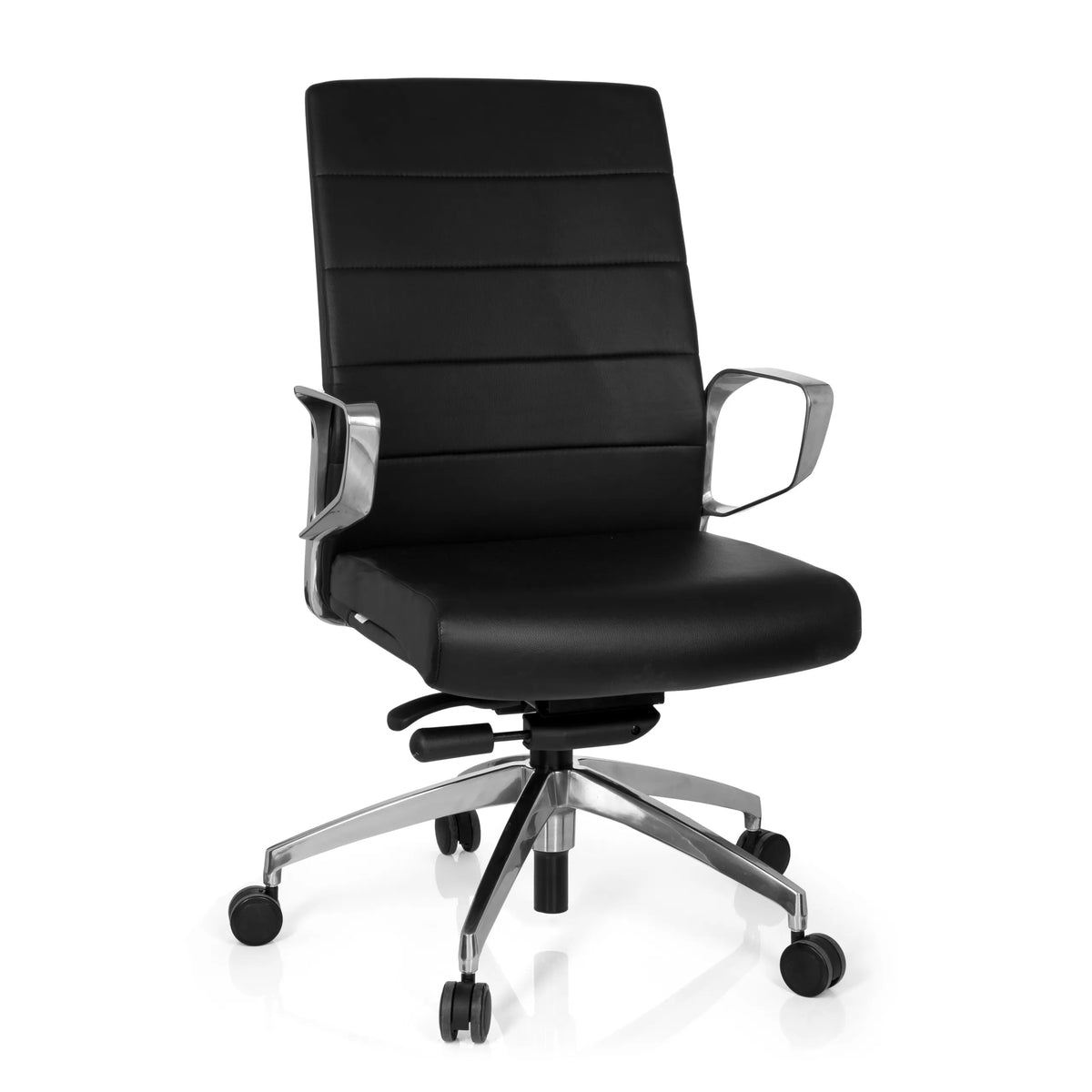 Sedia da ufficio professionale PROVIDER nera con imbottitura trapuntata e base a cinque ruote di hjh OFFICE – vista a 360° (vista frontale 20°)