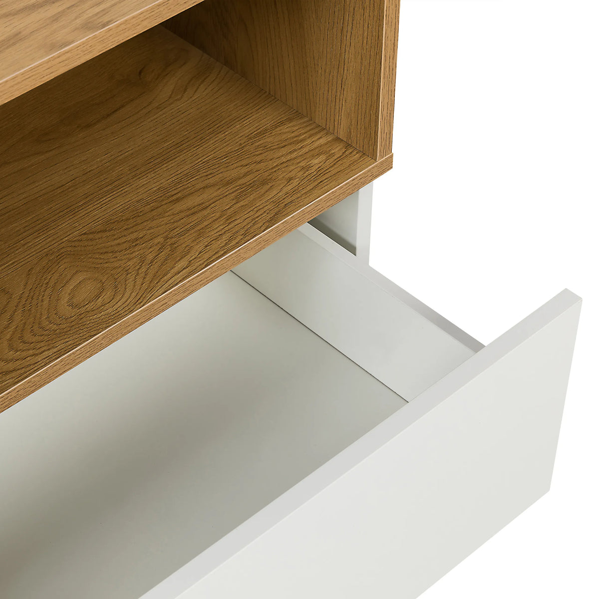 Ripiano aperto e cassetto estraibile bianco della madia MELMO S in rovere e bianco di hjh LIVING