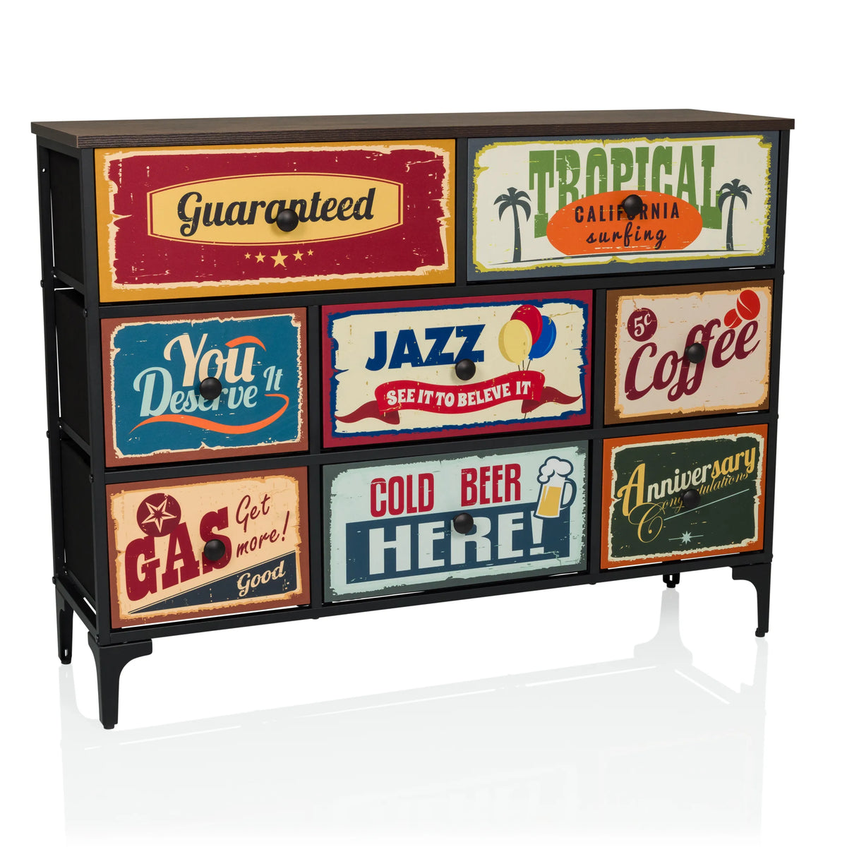 Cassettiera AMERIKO B con sei cassetti vintage stampati colorati e gambe nere di hjh LIVING – vista a 360° (vista frontale 15°)