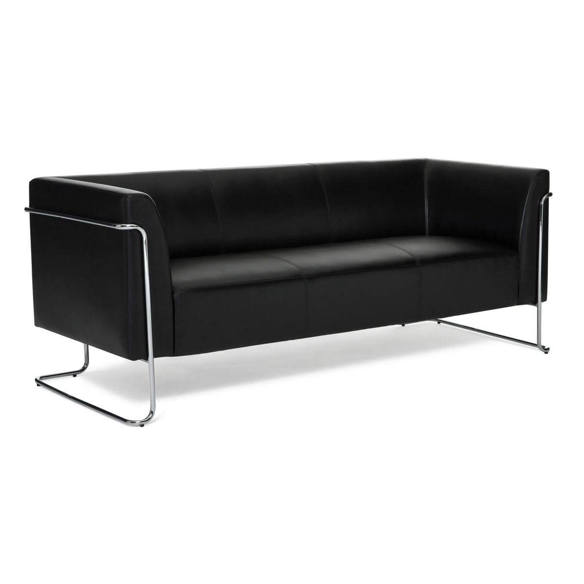 Sofà lounge nero CURACAO a tre posti con struttura cromata di hjh OFFICE – vista a 360° (vista posteriore 180°)