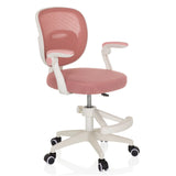 Sedia girevole per bambini KIDDY SMART rosa con schienale in rete e base a cinque ruote di hjh OFFICE – vista a 360° (vista frontale a tre quarti 45°)