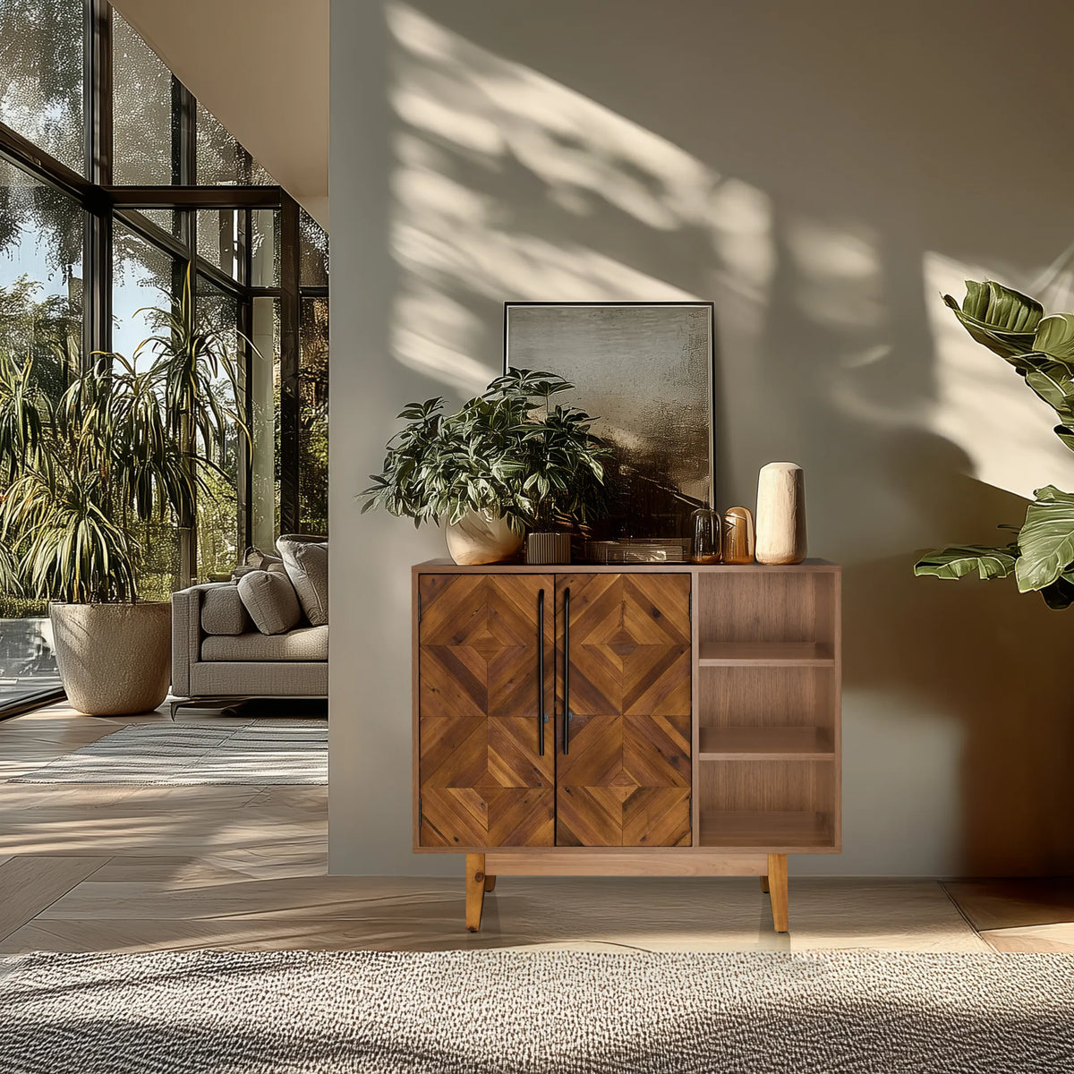 Cassettiera SANTJAGO WOOD L in effetto legno marrone scuro con due ante e un ripiano aperto di hjh LIVING