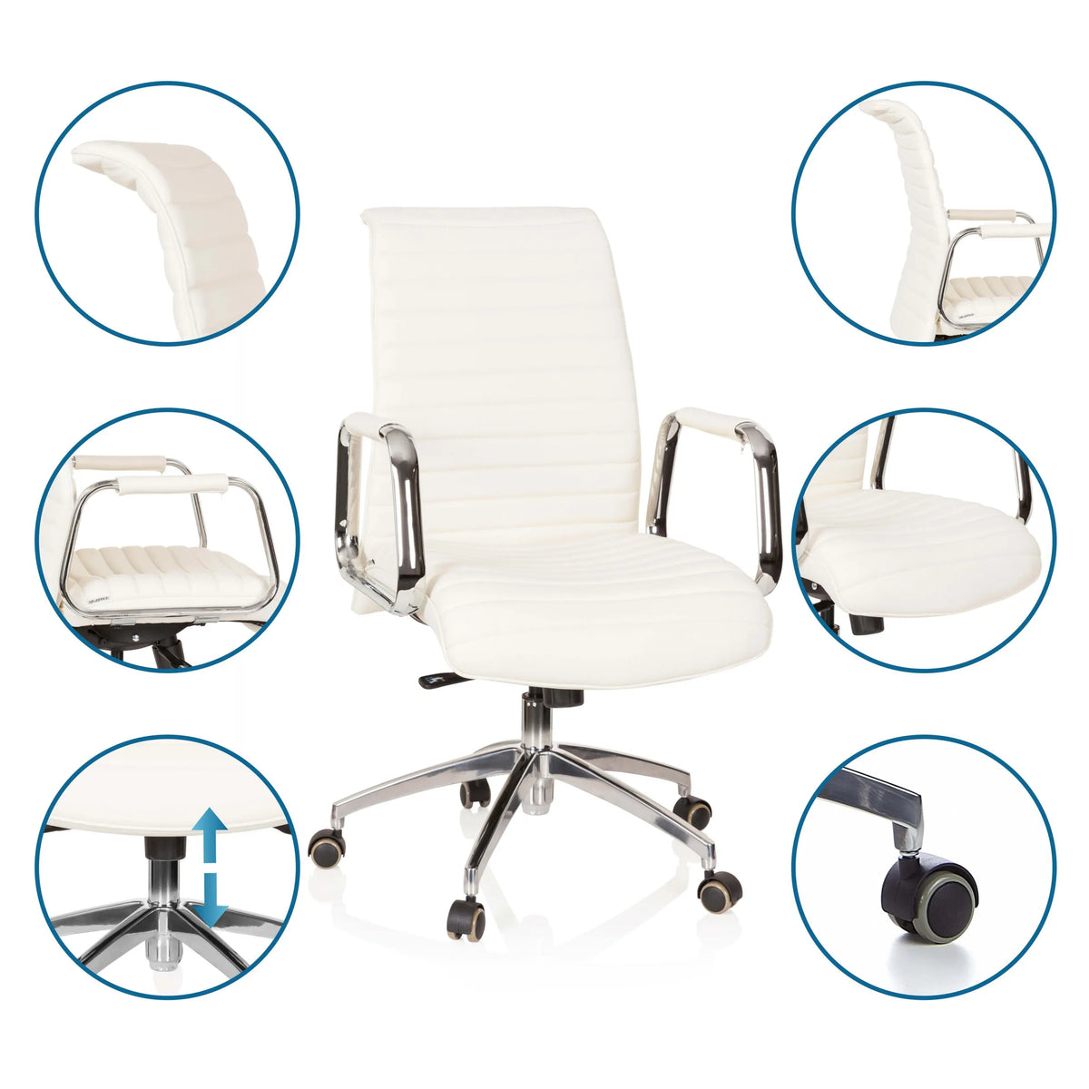 Poltrona professionale ASPERA 10 in bianco crema con dettagli del rivestimento, braccioli, pistone a gas e ruote di hjh OFFICE