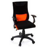 Sedia girevole per bambini KIDDY PRO AL nero-arancione con cuscino lombare e base a cinque ruote di hjh OFFICE – vista a 360° (vista frontale 20°)
