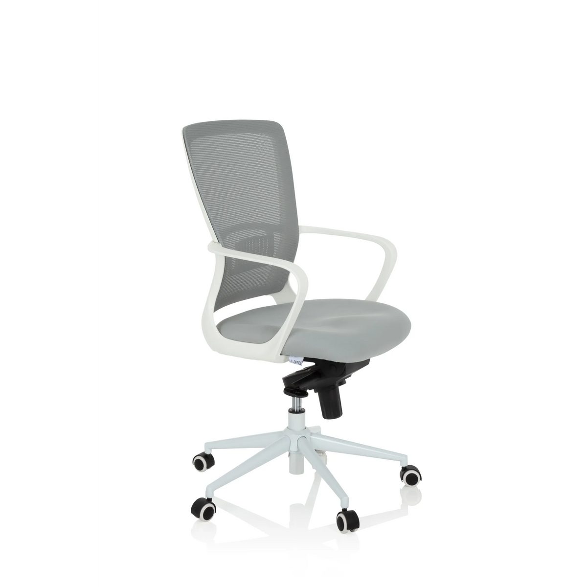Sedia Home Office ESTRIA grigia con schienale in rete e base a cinque ruote di hjh OFFICE – vista a 360° (vista frontale a tre quarti 60°)