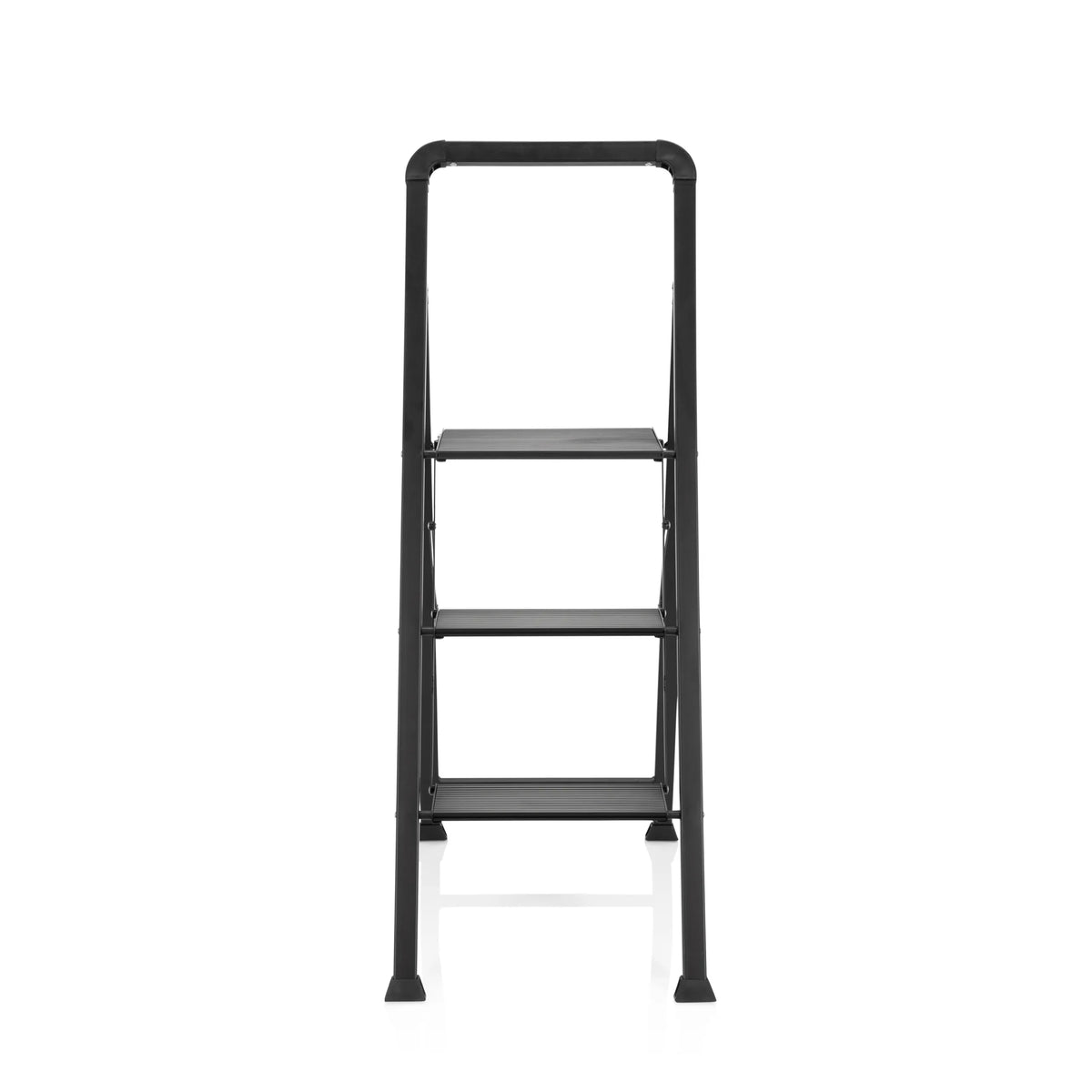 Scala richiudibile SOLID W6 nera con tre gradini e una maniglia di hjh OFFICE – vista a 360° (vista frontale 0°)