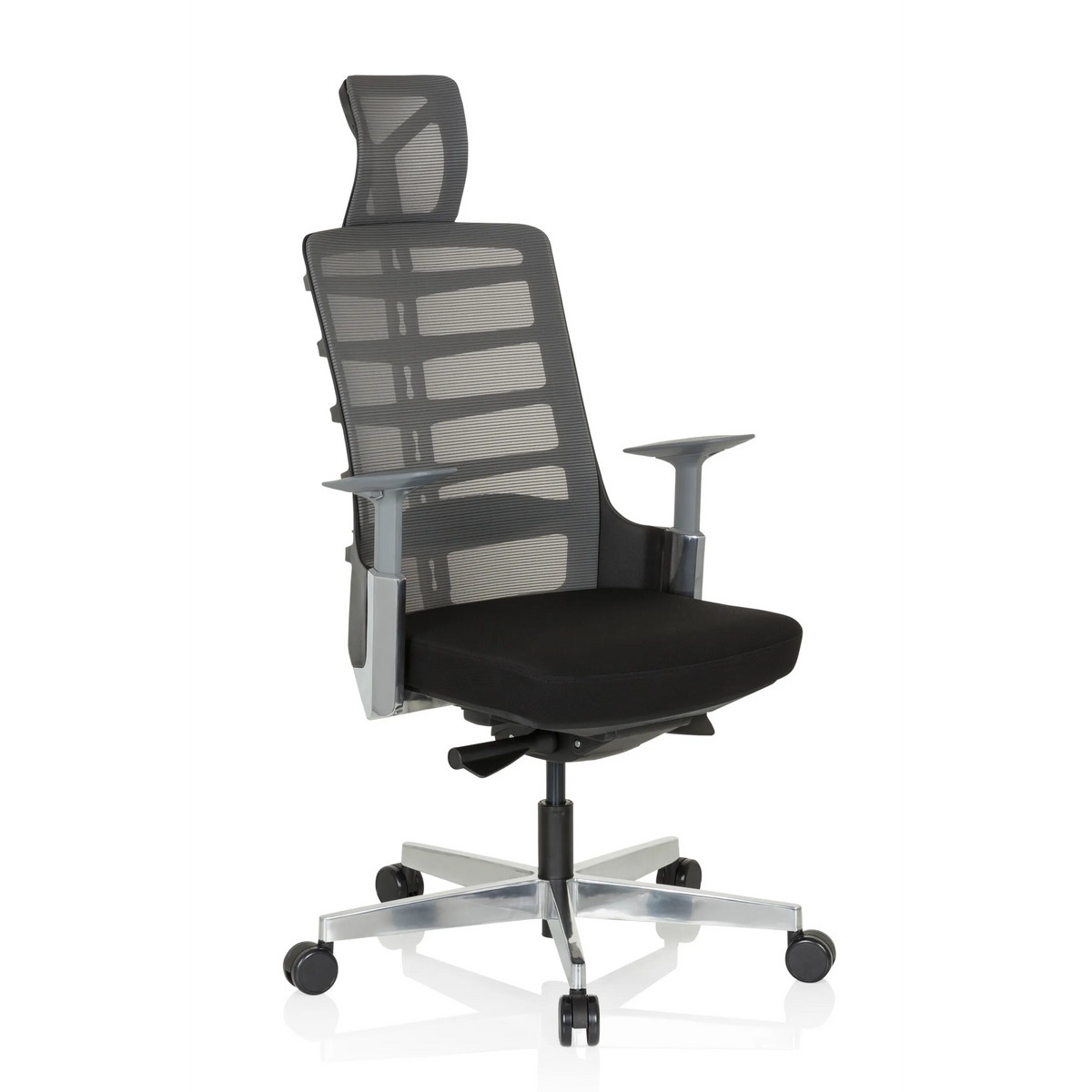 High-end Sedia da ufficio SKARIF nero-grigia con schienale in rete e base a cinque ruote di hjh OFFICE – vista a 360° (vista frontale a tre quarti 40°)