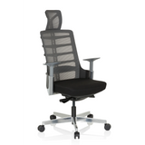 High-end Sedia da ufficio SKARIF nero-grigia con schienale in rete e base a cinque ruote di hjh OFFICE – vista a 360° (vista frontale a tre quarti 40°)