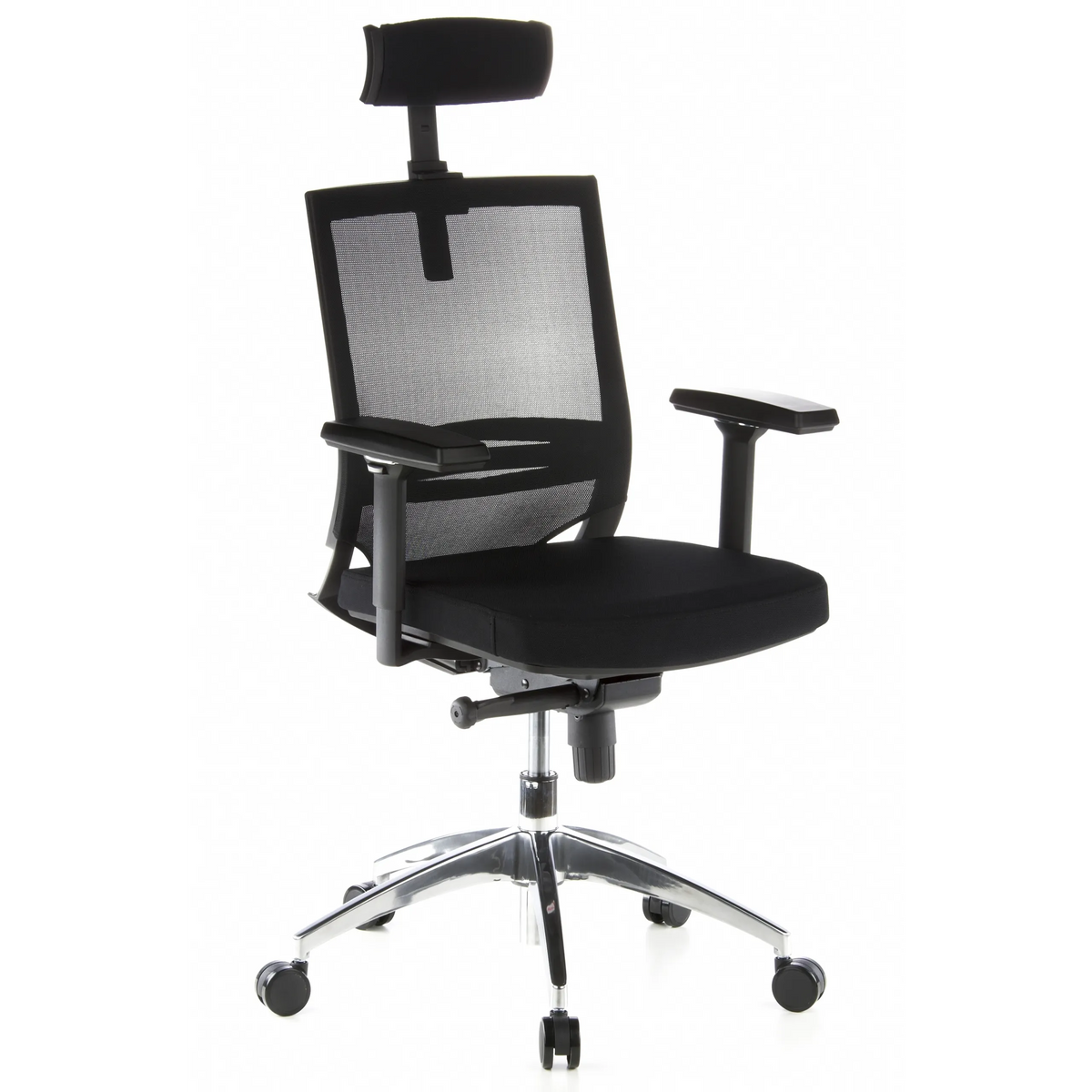 Sedia da ufficio professionale PORTO MAX nera con schienale in rete, poggiatesta e base a cinque ruote di hjh OFFICE – vista a 360° (vista frontale a tre quarti 40°)