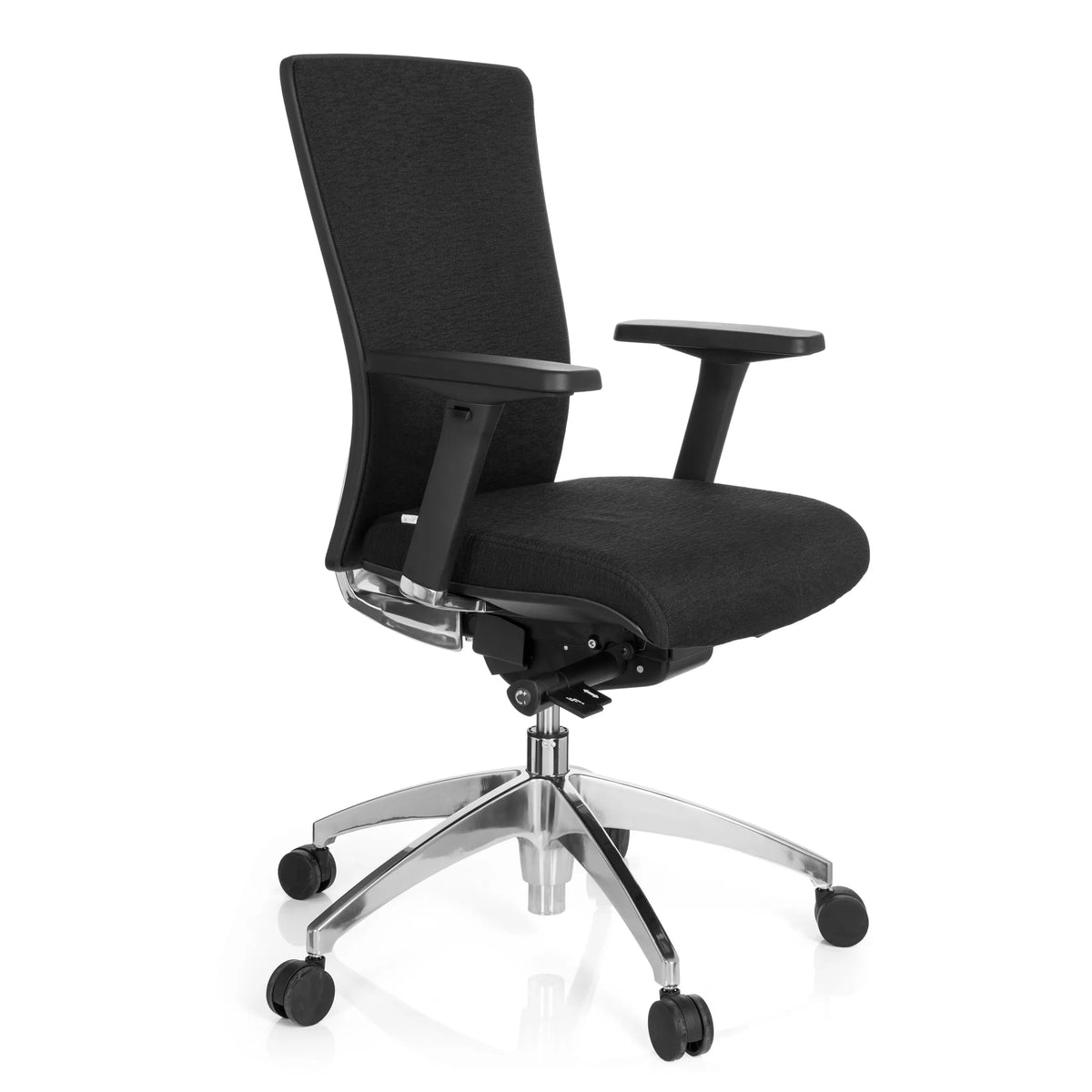 Sedia da ufficio professionale ASTRA BASE nera con braccioli e base a cinque ruote di hjh OFFICE – vista a 360° (vista frontale a tre quarti 60°)