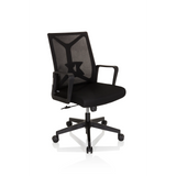 Sedia Home Office ENCO nera con schienale in rete e base a cinque ruote di hjh OFFICE – vista a 360° (vista frontale a tre quarti 40°)