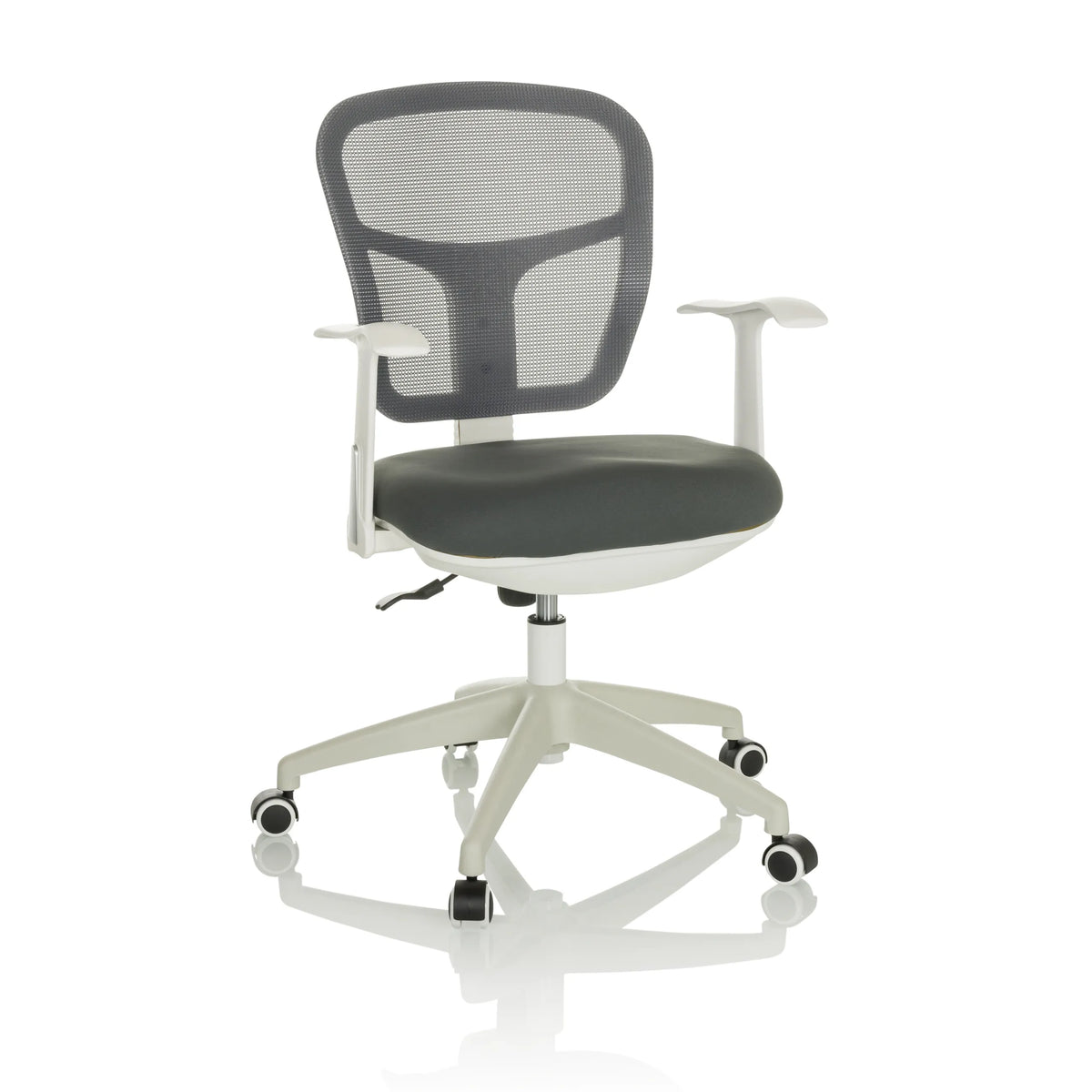 Grauer Homeoffice-Bürostuhl TOP 108 W mit Netzrücken und Fußkreuz mit fünf Rollen von hjh OFFICE – 360-Grad-Ansicht (Frontansicht 15°)