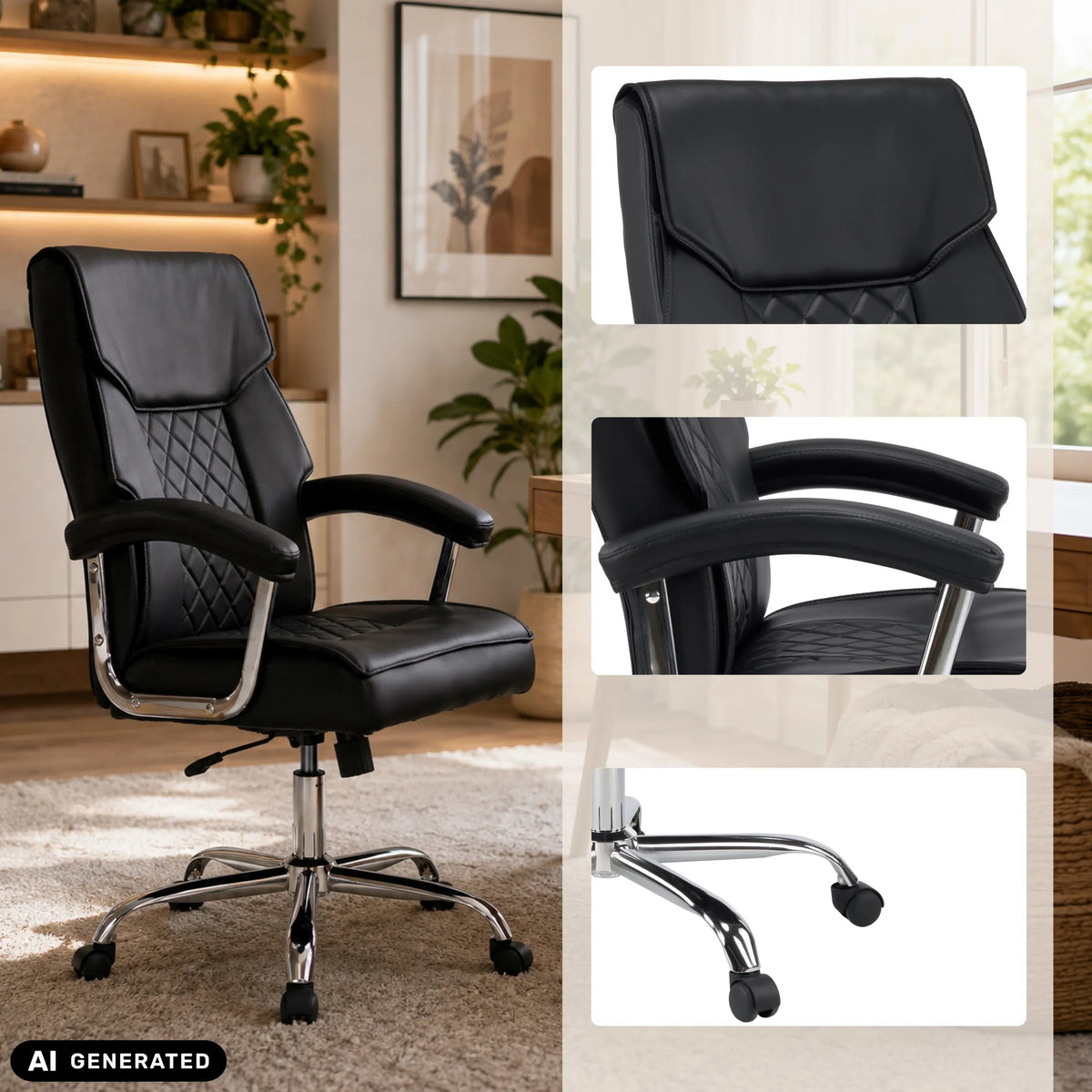 Sedia Home Office Relax Prestio nera con motivo trapuntato, braccioli e base cromata con ruote di MyBuero