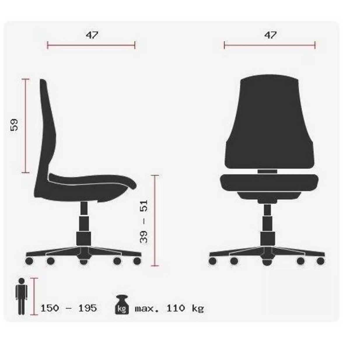 Disegno tecnico della Sedia da ufficio professionale HJH SOLUTION BASIC con un'altezza del sedile da 39 a 51 cm di Topstar