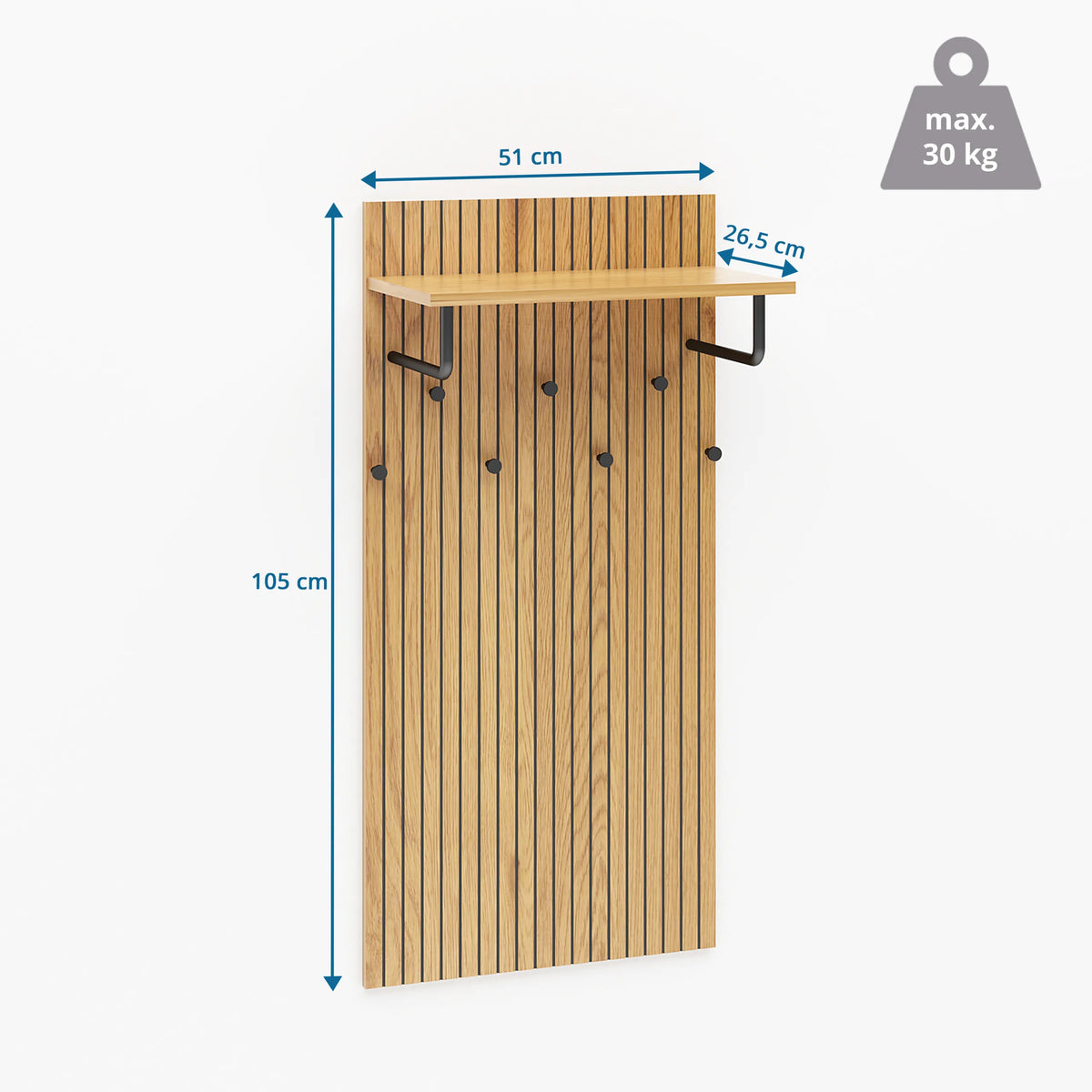Maßzeichnung der Wandgarderobe LINNO SPACE mit 105 × 51 cm und einer Traglast von 30 kg von hjh LIVING