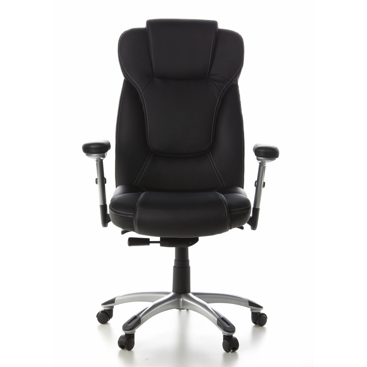 Poltrona professionale EMBASSY 200 L nera con braccioli e base argentata a cinque ruote di hjh OFFICE – vista a 360° (vista frontale 0°)