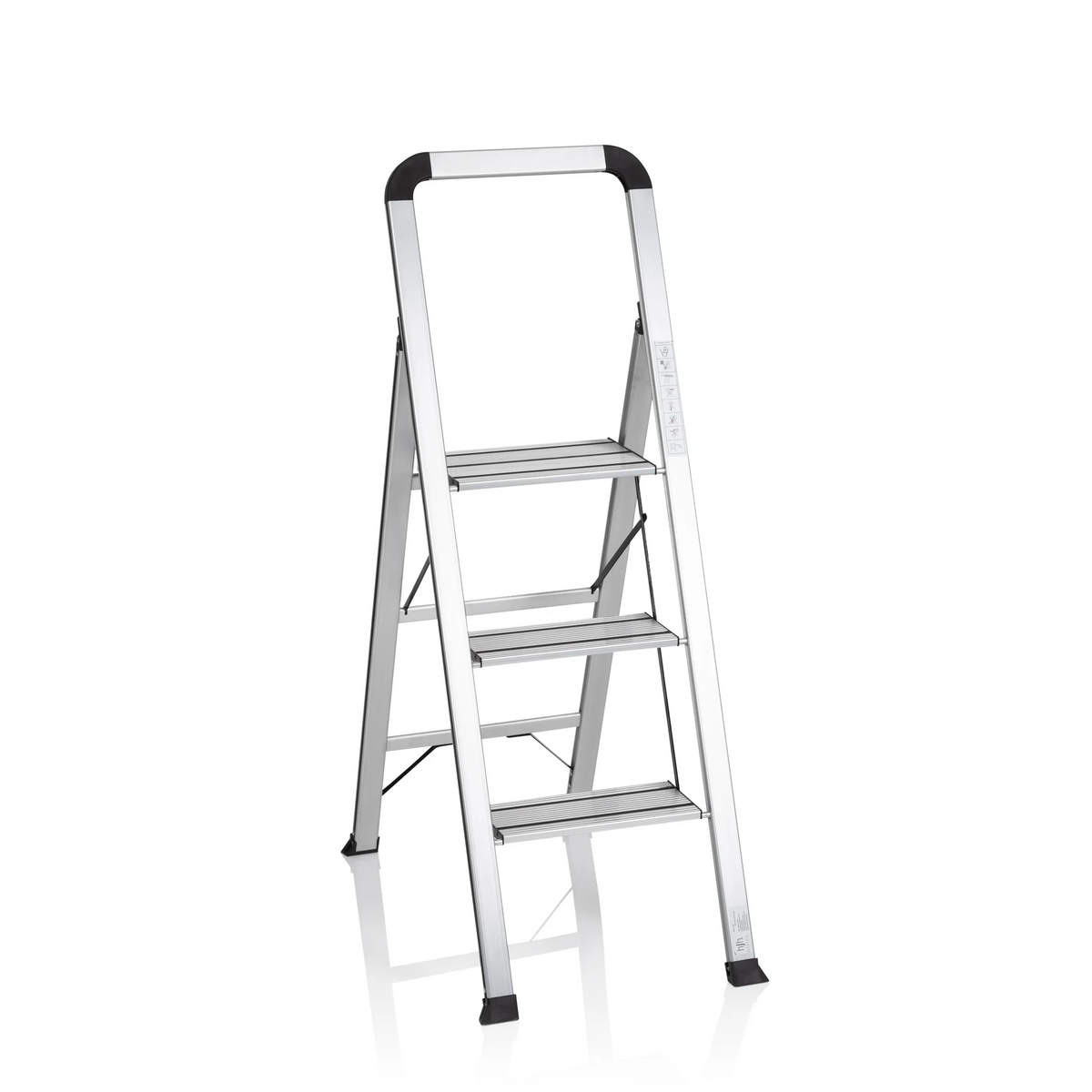 Scala richiudibile SOLID V in alluminio argentata con tre gradini e maniglia di hjh OFFICE – vista a 360° (vista frontale 20°)