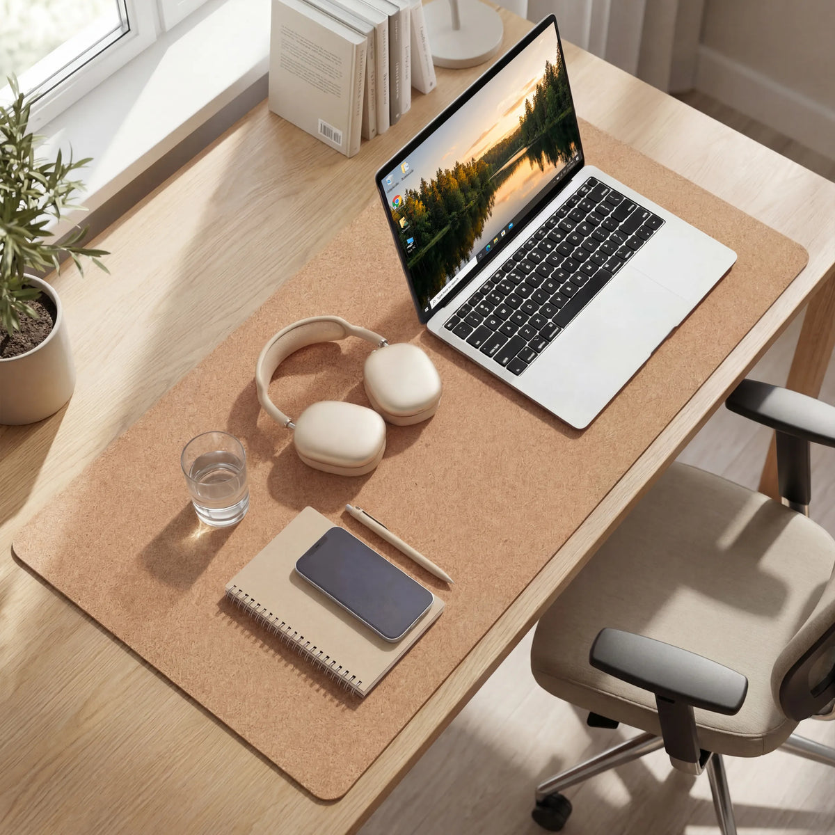 Sottomano da Scrivania marrone Padflux Terra su una scrivania in legno con laptop e accessori di hjh OFFICE