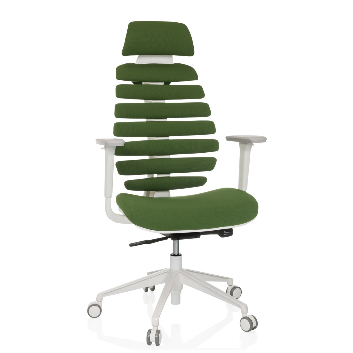 Sedia da ufficio professionale ERGO LINE W verde con schienale segmentato e base bianca a cinque ruote di hjh OFFICE – vista a 360° (vista frontale 15°)