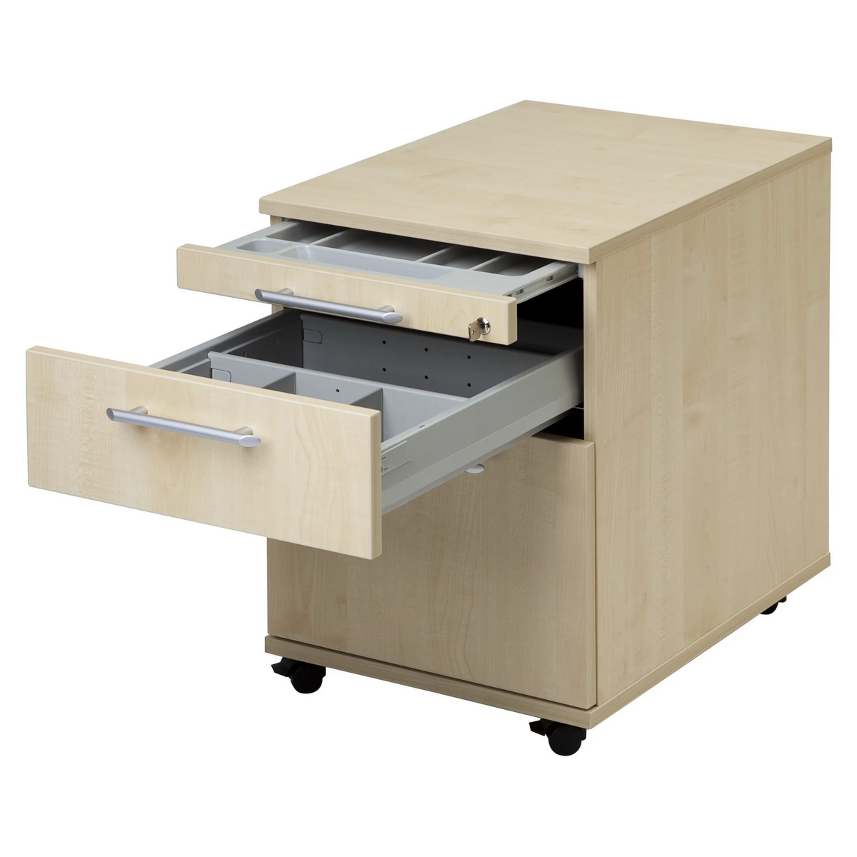 Cassettiera con rotelle SIGNA AC20 in frassino rovere con due cassetti aperti e maniglie a ponte di hjh OFFICE PRO