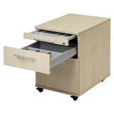Cassettiera con rotelle SIGNA AC20 in frassino rovere con due cassetti aperti e maniglie a ponte di hjh OFFICE PRO
