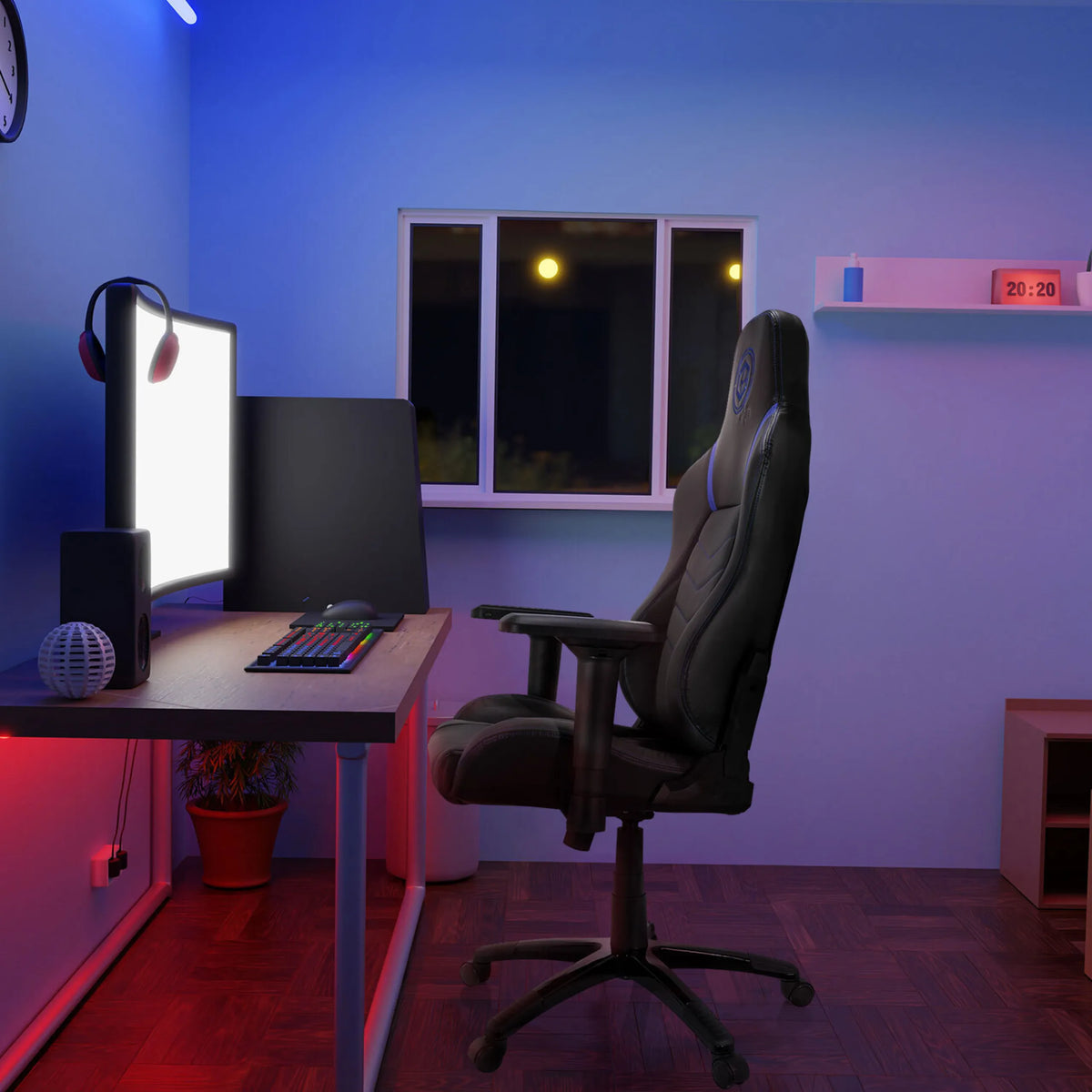 Sedia da gaming GAMEBREAKER POLARYS I in grigio e blu a una scrivania con monitor e tastiera di hjh OFFICE