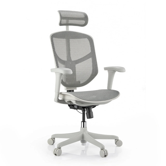 Sedia da ufficio Enjoy Eco MB in grigio con rivestimento in rete, poggiatesta e cinque ruote di hjh OFFICE