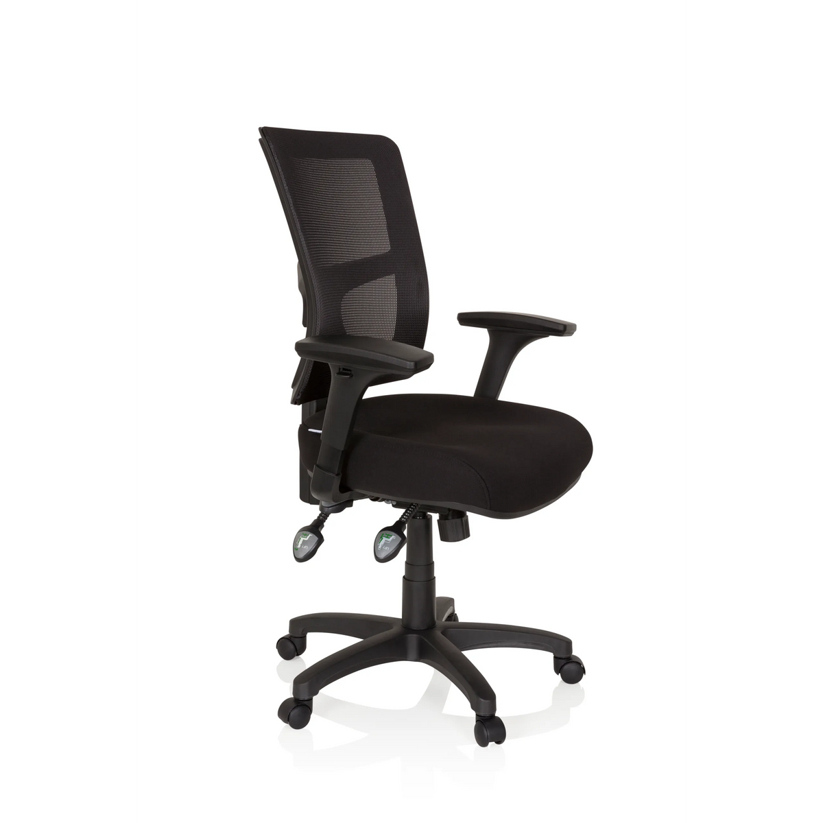 Poltrona professionale IMPACT PRO nera con schienale in rete e base a cinque ruote di hjh OFFICE – vista a 360° (vista frontale a tre quarti 60°)