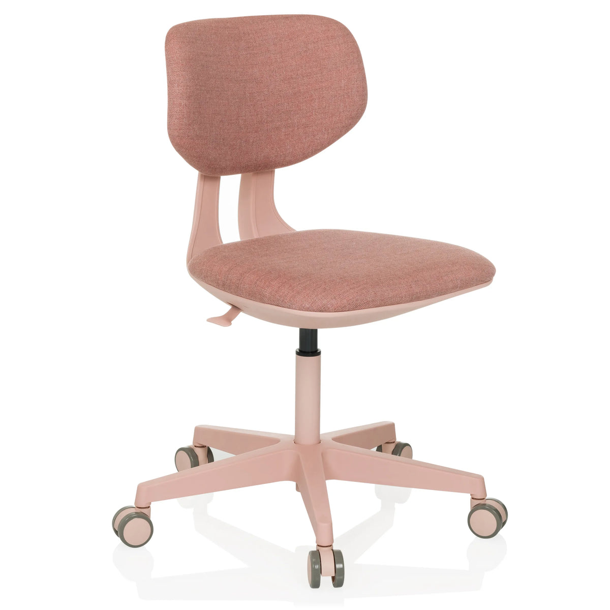 Sedia girevole per bambini KID COLORE rosa con superfici imbottite e base a cinque ruote di hjh OFFICE – vista a 360° (vista frontale a tre quarti 30°)