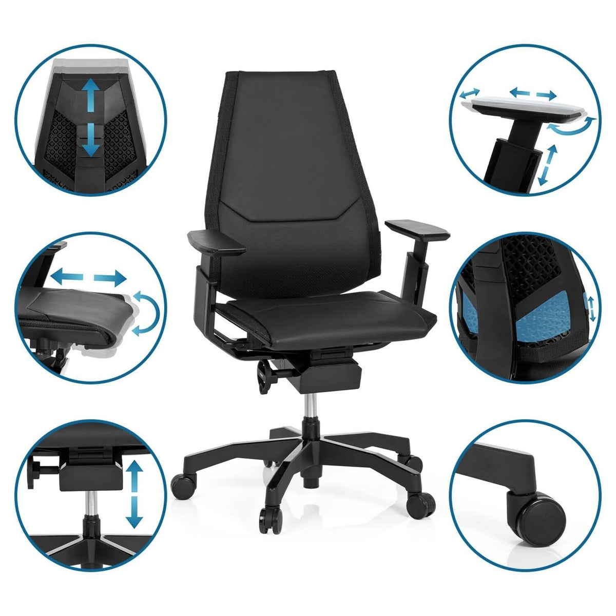 High-end Sedia da ufficio GENIDIA BLACK in nero con diverse possibilità di regolazione di hjh OFFICE