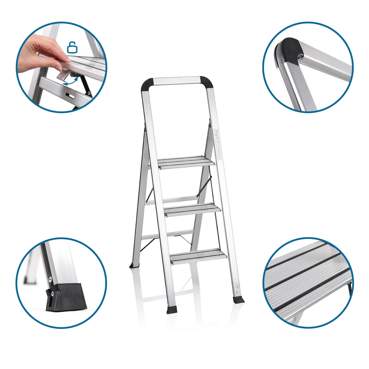 Scala richiudibile in alluminio SOLID V con tre gradini, blocco di sicurezza e piedini antiscivolo di hjh OFFICE