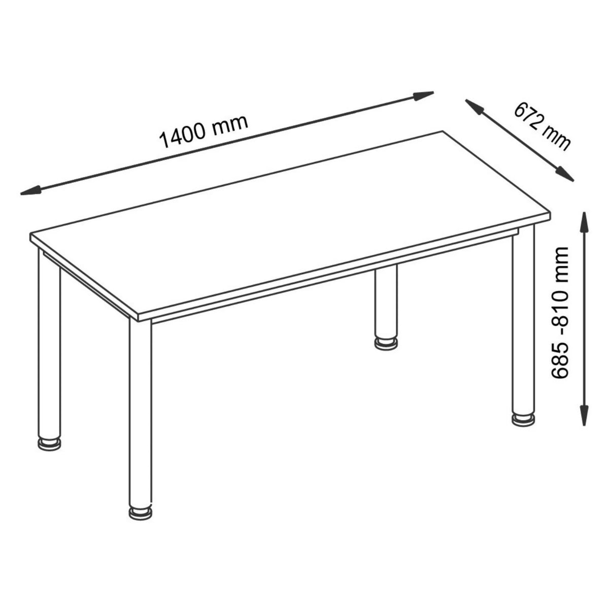 Disegno tecnico della scrivania HILO 614 S con lunghezza 1400 mm, profondità 672 mm e altezza 685-810 mm di hjh OFFICE PRO